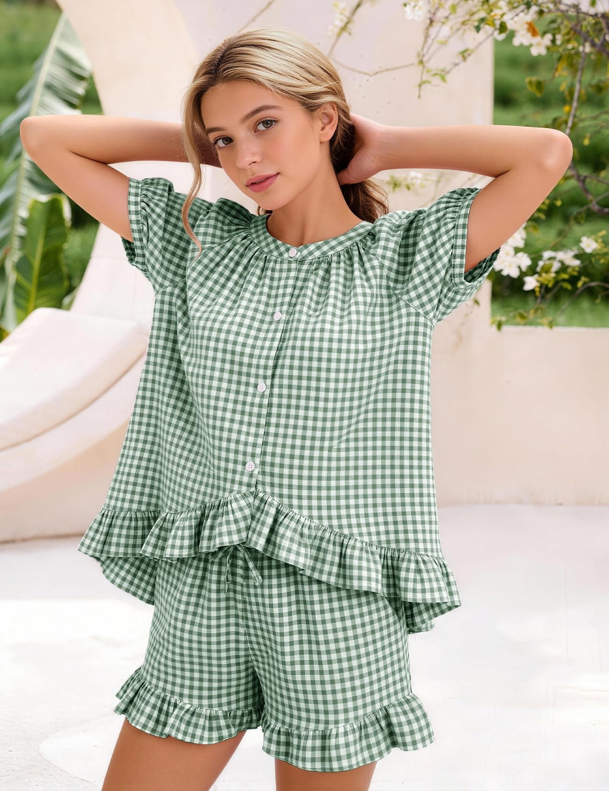 Womens Plaid Pajama Set with Ruffle Detail Dress
