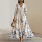 Floral Print V-Neck Pleated Dress