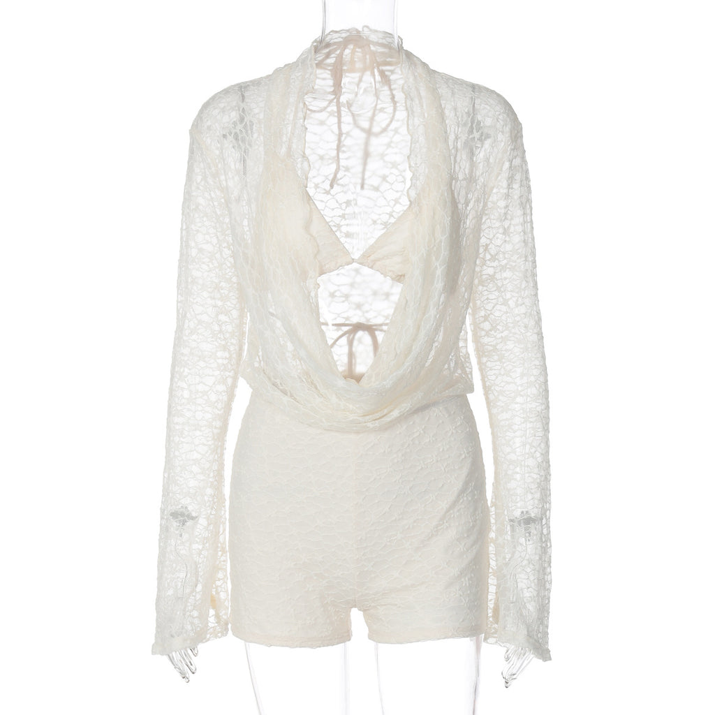 Womens Lace Long Sleeve Jumpsuit with Lingerie