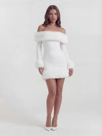 Women Dress Top high temperament plush long sleeve off-shoulder autumn and winter backless Sexy Slim solid color hot girl hip skirt