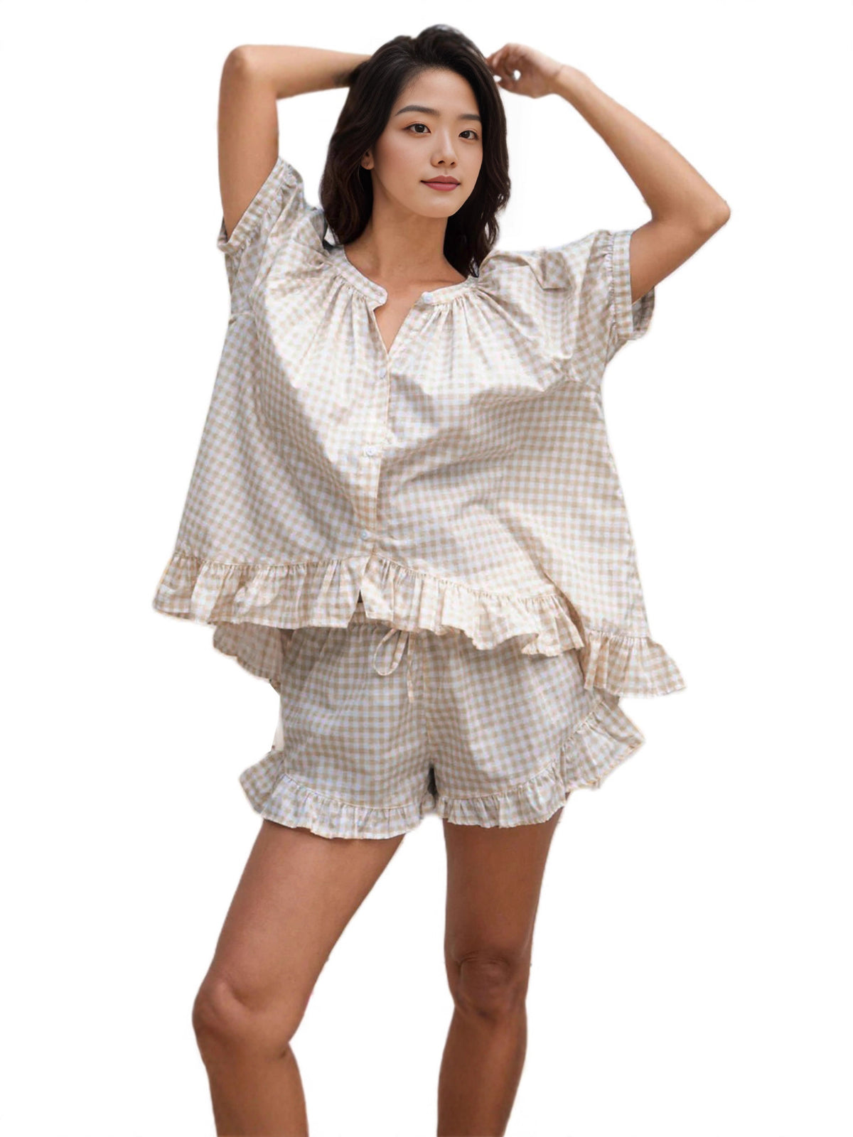 Womens Plaid Pajama Set with Ruffle Detail Dress