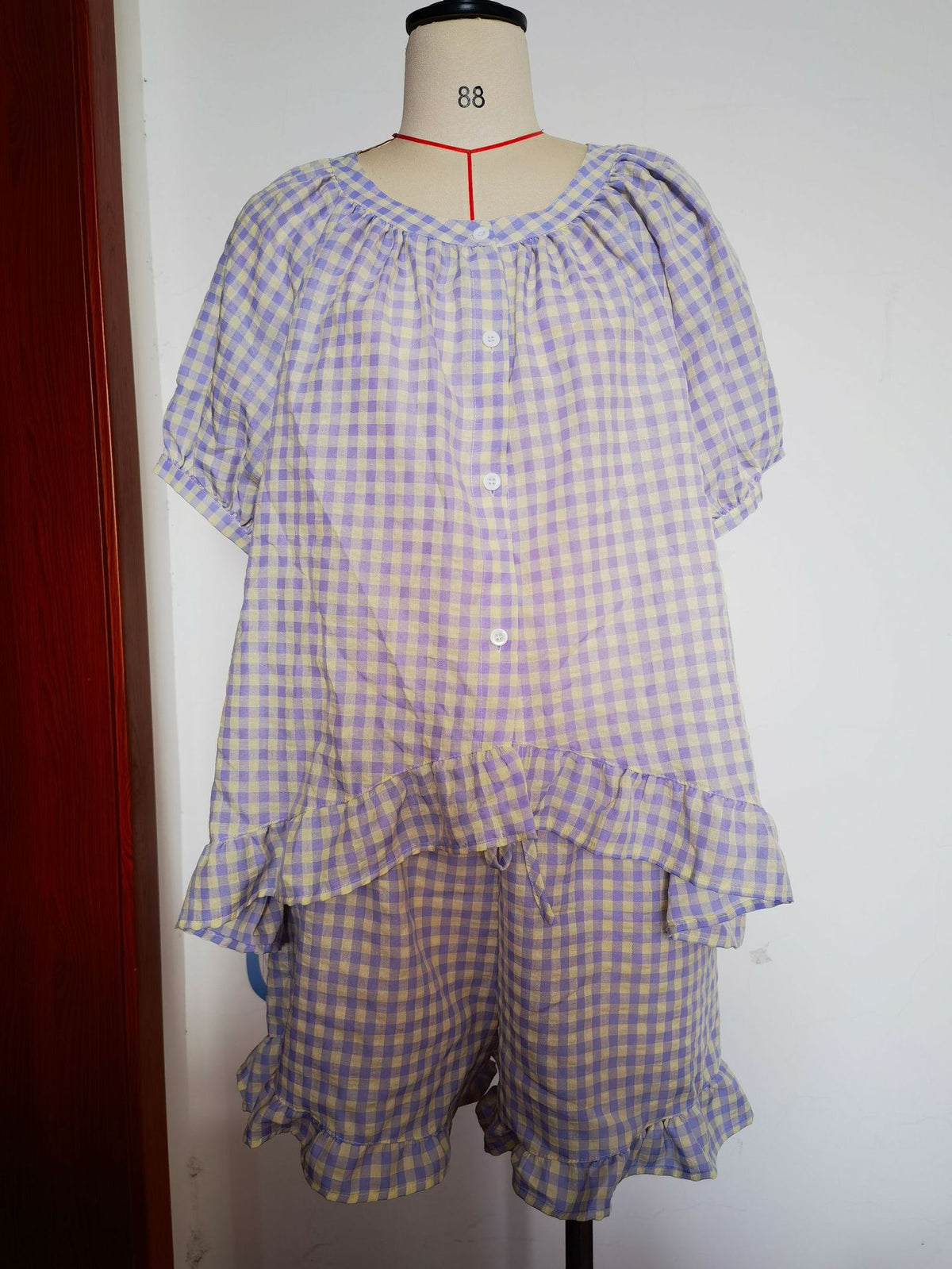 Womens Plaid Pajama Set with Ruffle Detail Dress