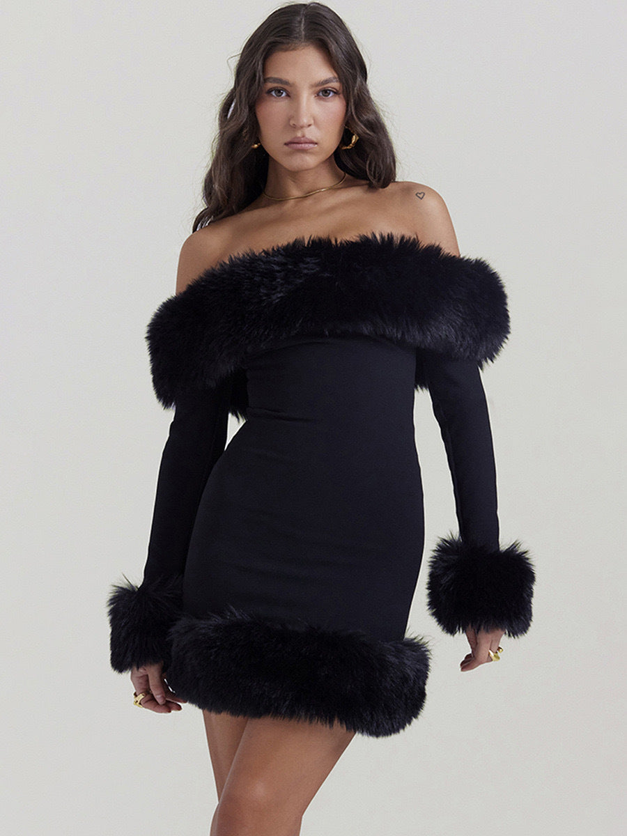 Women Dress Top high temperament plush long sleeve off-shoulder autumn and winter backless Sexy Slim solid color hot girl hip skirt