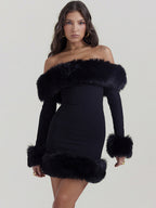 Women Dress Top high temperament plush long sleeve off-shoulder autumn and winter backless Sexy Slim solid color hot girl hip skirt