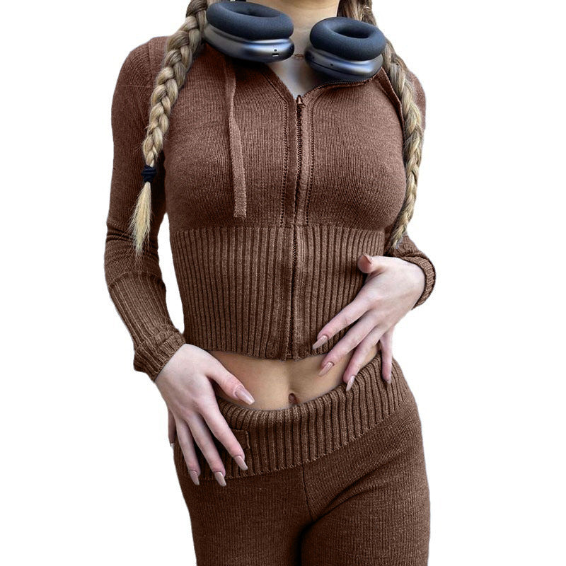 Womens Knitted Hooded Two-Piece Set Dress Gym Set