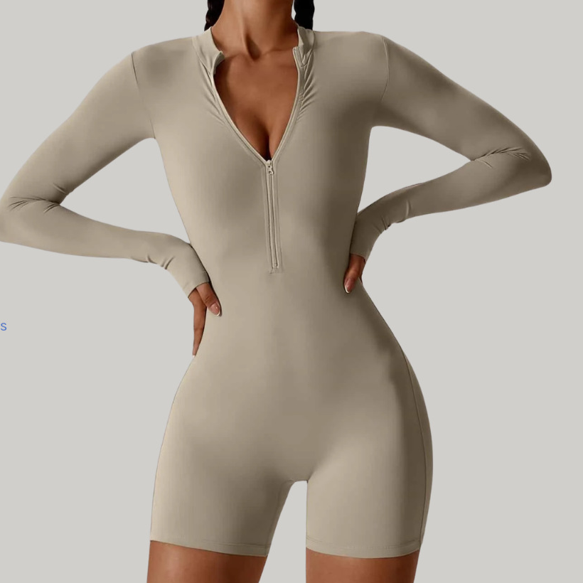 Gym Suit Jumpsuit Long-Sleeved Shorts with Open Collar and Zip-Up Sportswear Leggings