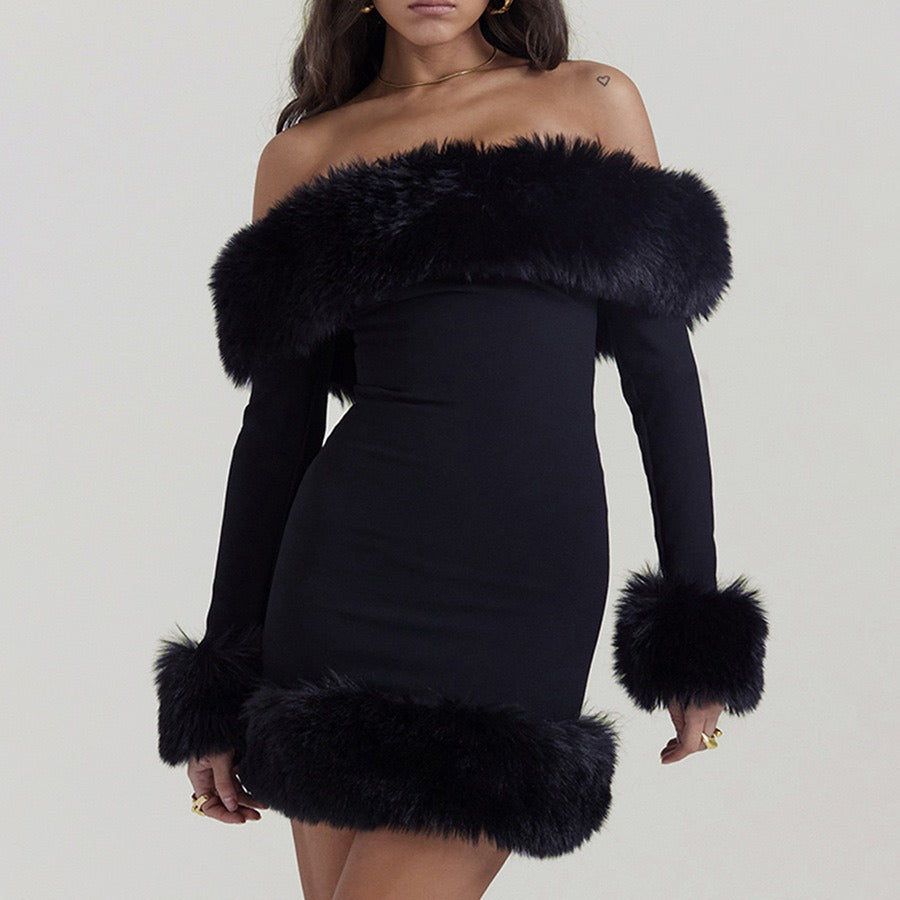 Women Dress Top high temperament plush long sleeve off-shoulder autumn and winter backless Sexy Slim solid color hot girl hip skirt