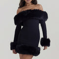 Women Dress Top high temperament plush long sleeve off-shoulder autumn and winter backless Sexy Slim solid color hot girl hip skirt