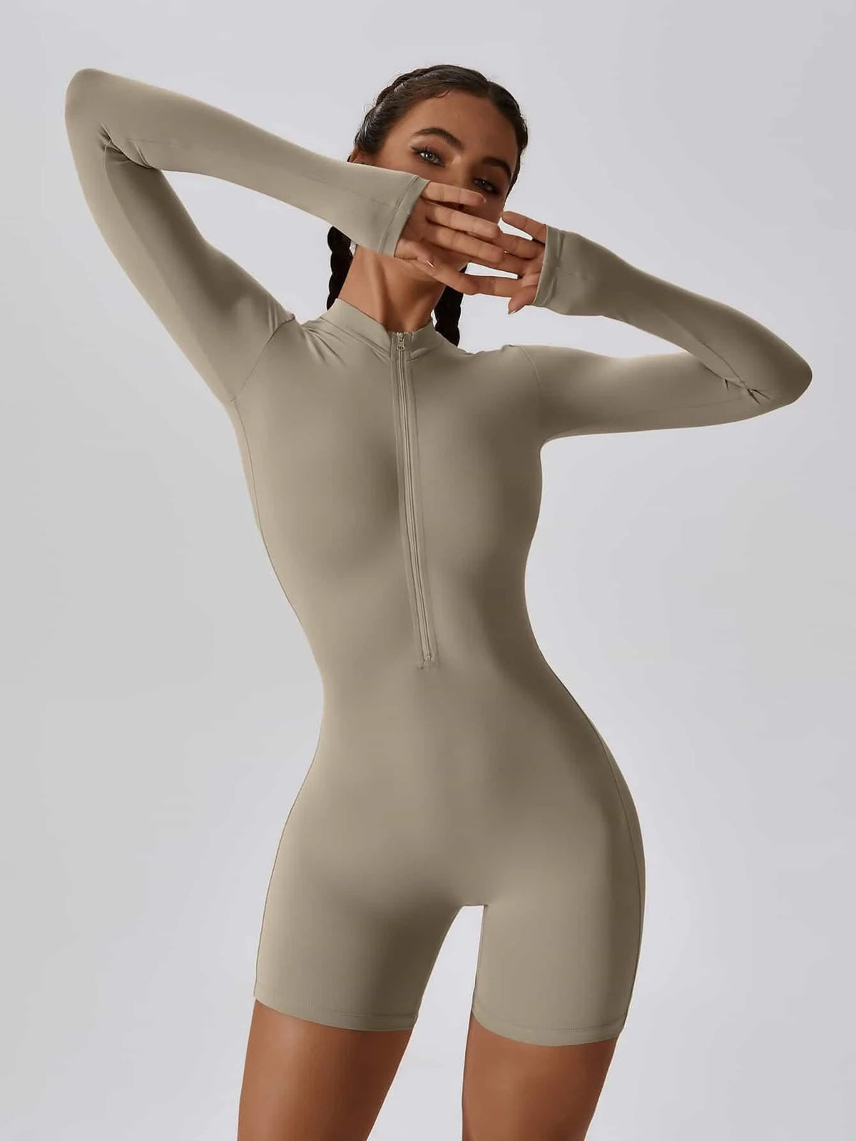 Gym Suit Jumpsuit Long-Sleeved Shorts with Open Collar and Zip-Up Sportswear Leggings