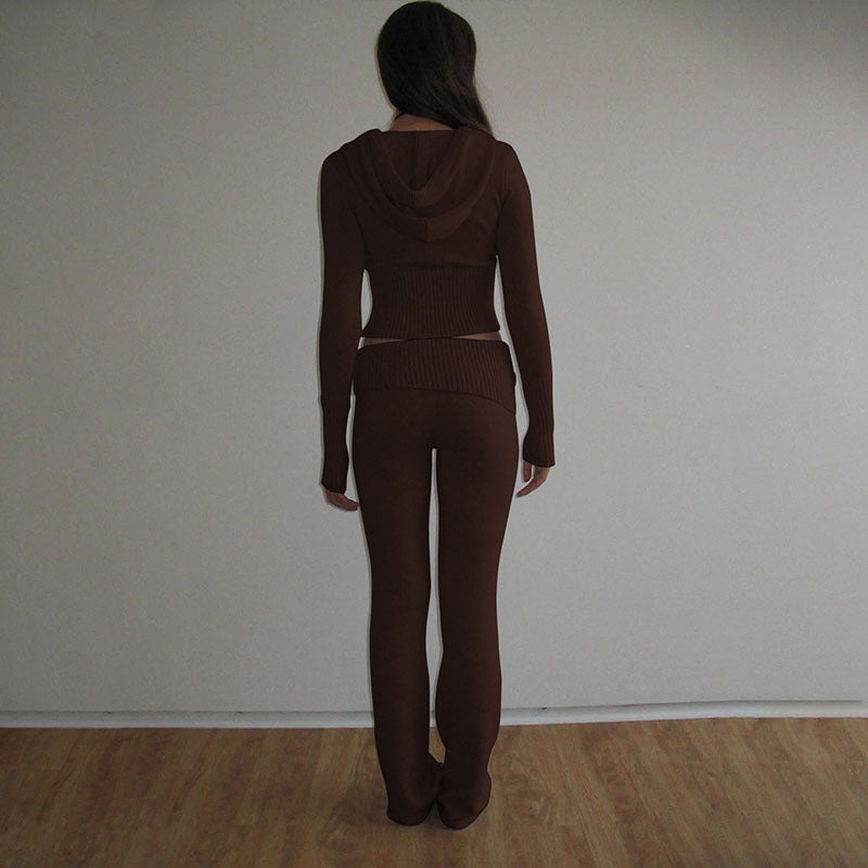 Womens Knitted Hooded Two-Piece Set Dress Gym Set