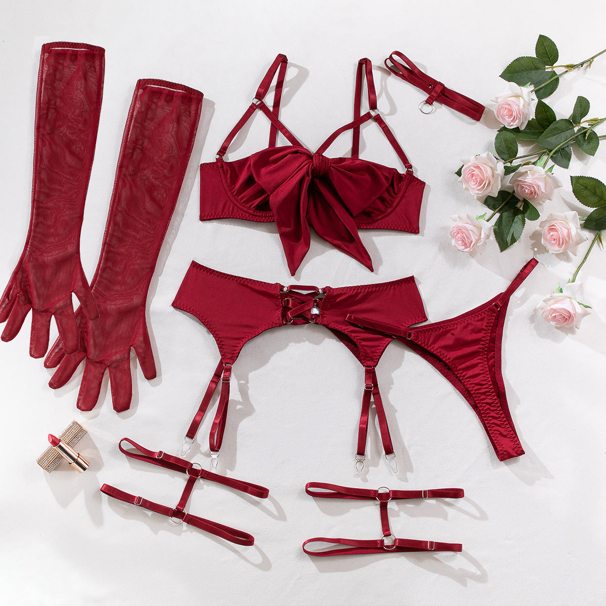 Sexy Lingerie Four-Piece Set Hollow Out Push Up Garter Belt
