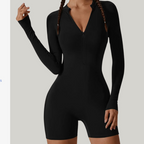 Gym Suit Jumpsuit Long-Sleeved Shorts with Open Collar and Zip-Up Sportswear Leggings