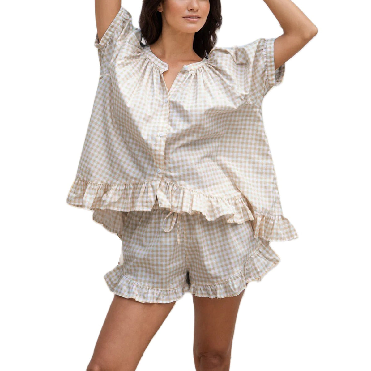 Womens Plaid Pajama Set with Ruffle Detail Dress