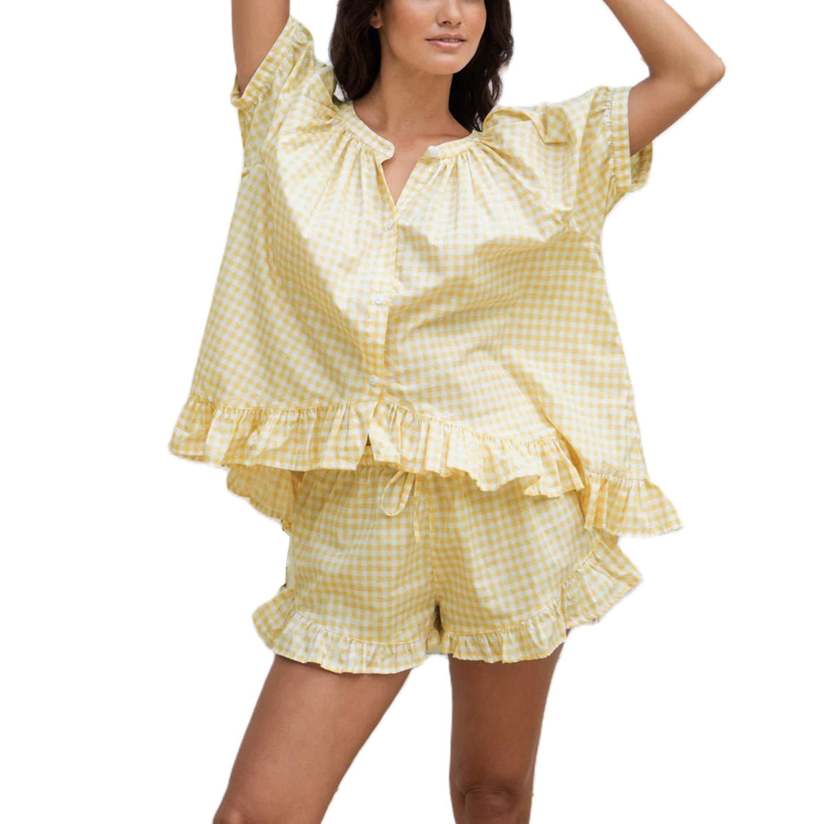 Womens Plaid Pajama Set with Ruffle Detail Dress