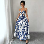 Floral Print Halter Backless Long Dress