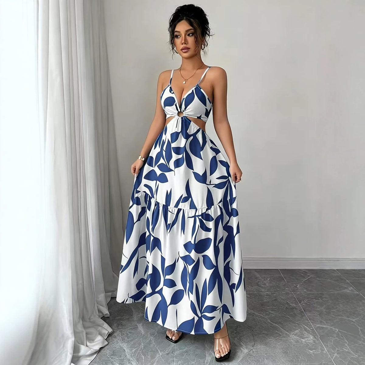 Floral Print Halter Backless Long Dress