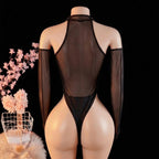 Mesh Bodysuit with Belt and Gloves Lingerie Set