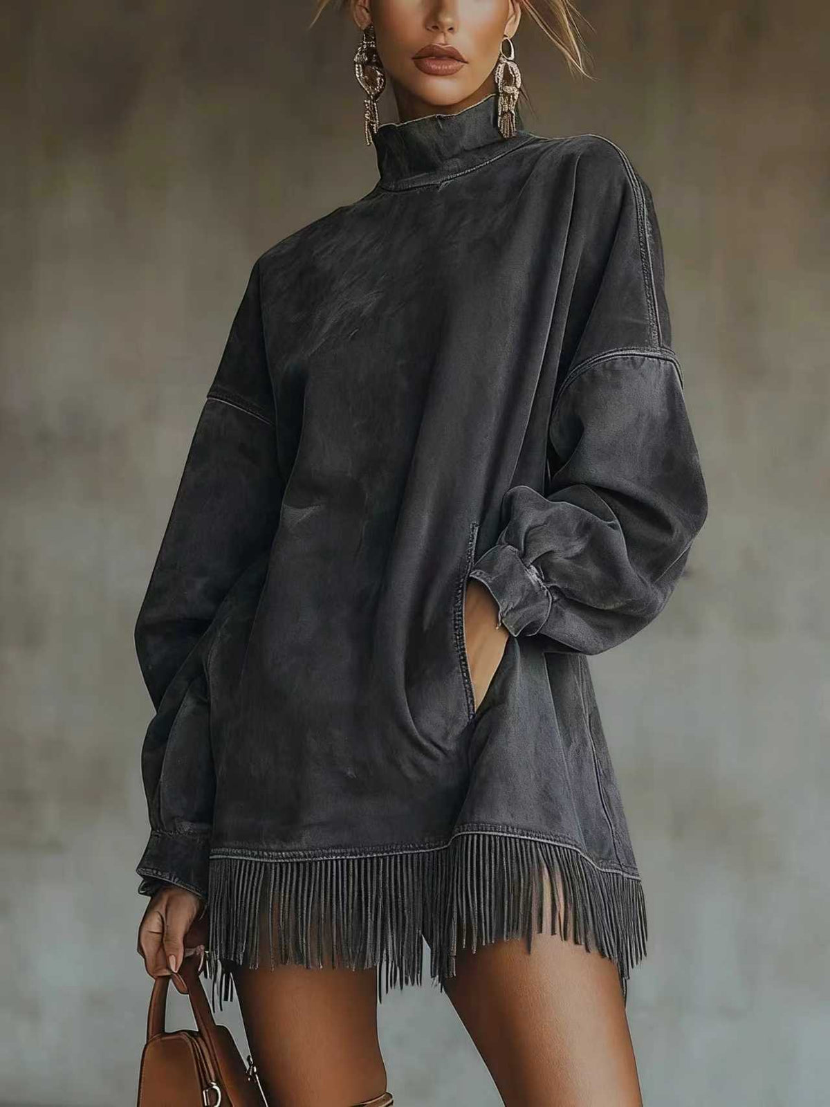 Mock Neck Suede Dress with Pockets