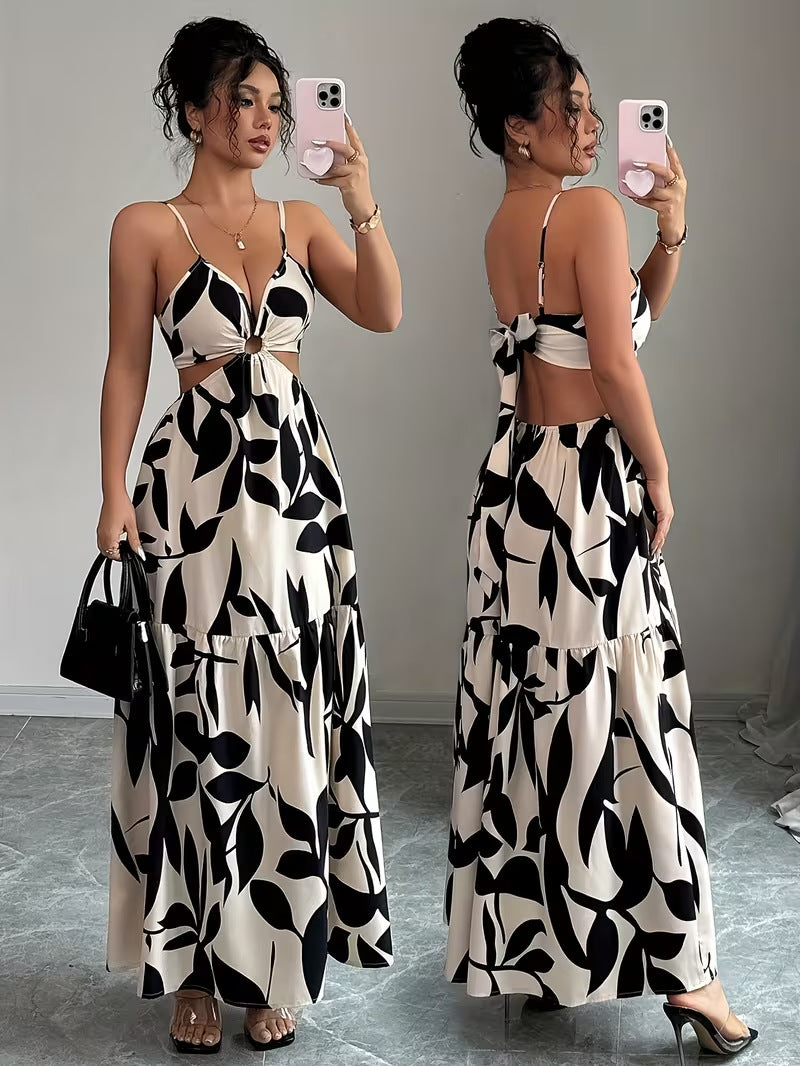 Floral Print Halter Backless Long Dress