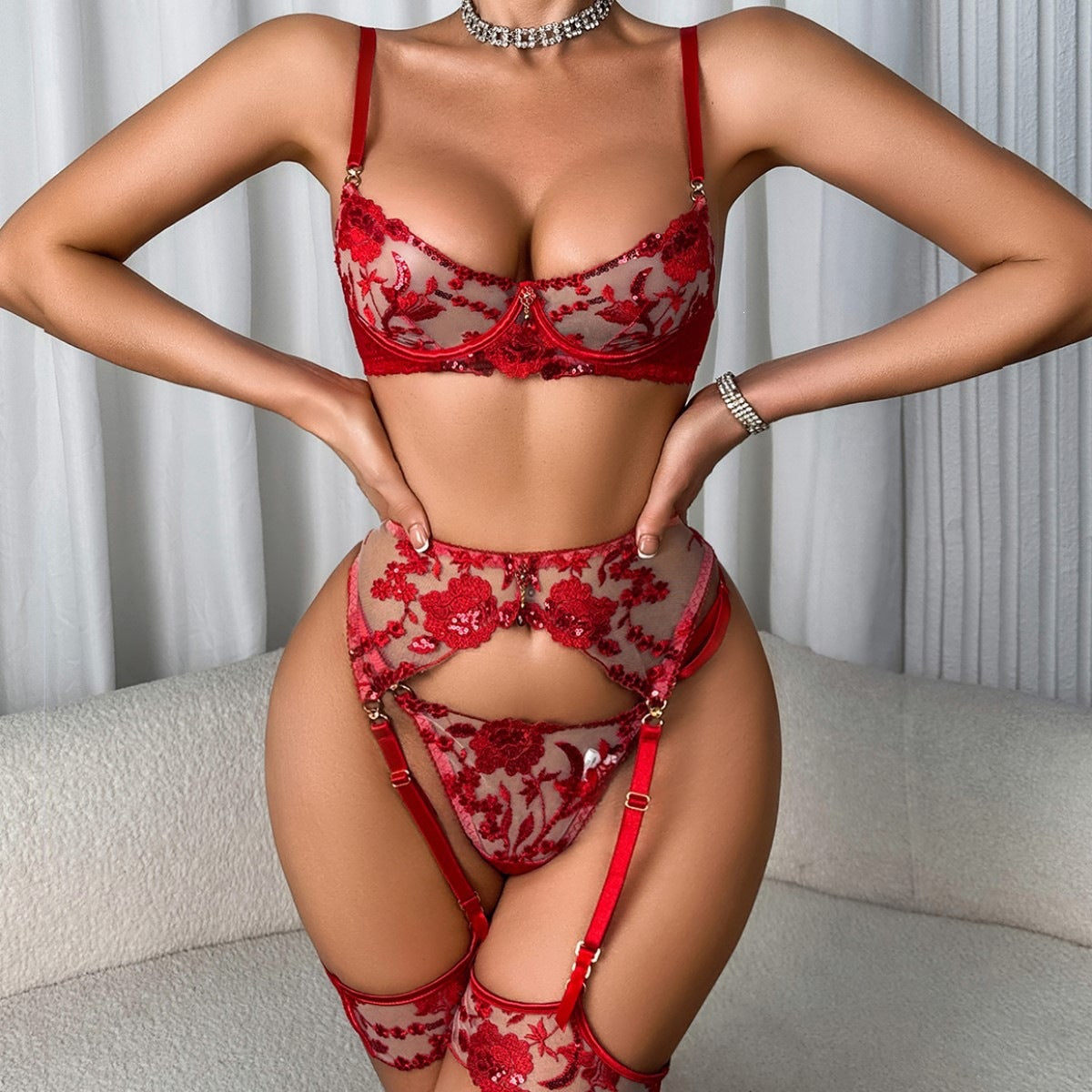 Embroidered Lace Lingerie Two-Piece Set