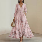Floral Print V-Neck Pleated Dress