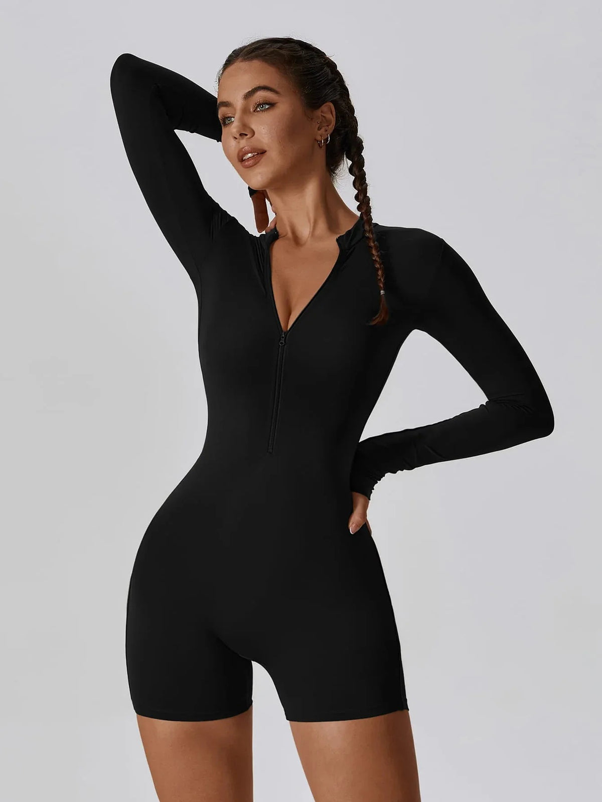 Gym Suit Jumpsuit Long-Sleeved Shorts with Open Collar and Zip-Up Sportswear Leggings