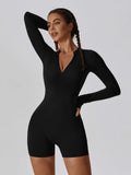 Gym Suit Jumpsuit Long-Sleeved Shorts with Open Collar and Zip-Up Sportswear Leggings