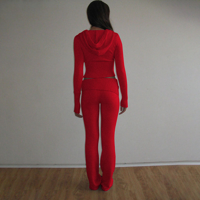 Womens Knitted Hooded Two-Piece Set Dress Gym Set