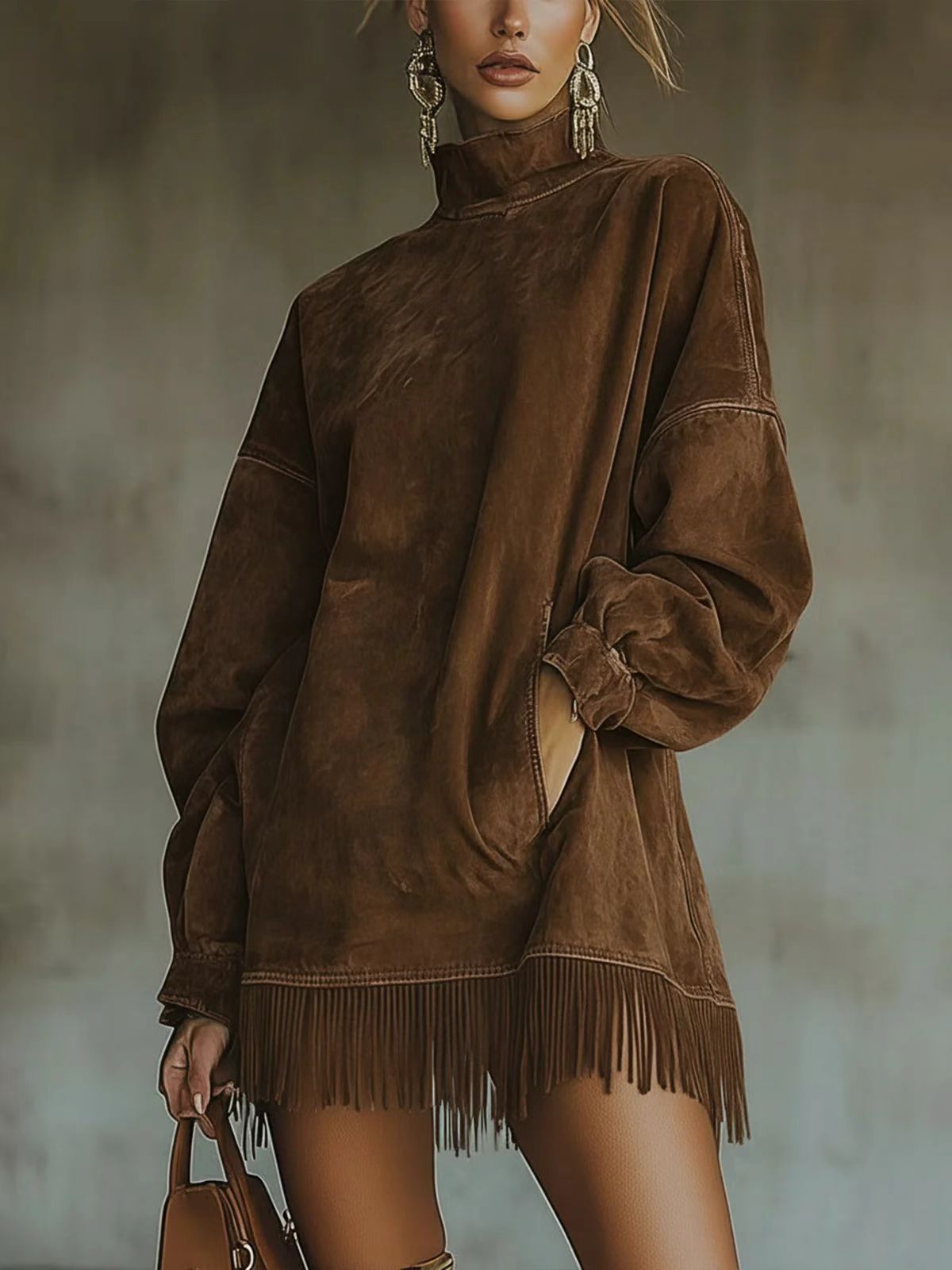 Mock Neck Suede Dress with Pockets