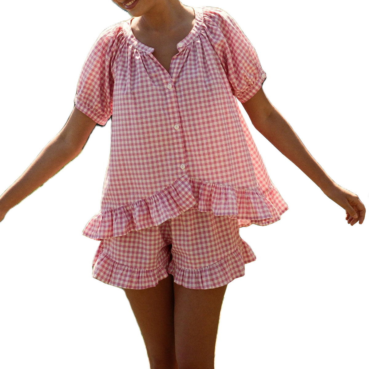 Womens Plaid Pajama Set with Ruffle Detail Dress