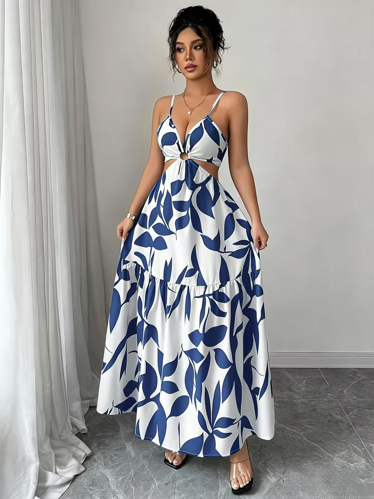 Floral Print Halter Backless Long Dress