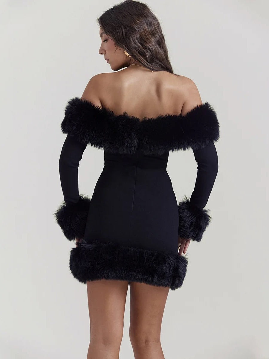 Women Dress Top high temperament plush long sleeve off-shoulder autumn and winter backless Sexy Slim solid color hot girl hip skirt
