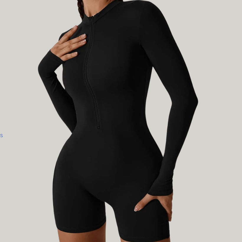 Gym Suit Jumpsuit Long-Sleeved Shorts with Open Collar and Zip-Up Sportswear Leggings