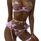 Embroidered Satin Lingerie Four-Piece Set