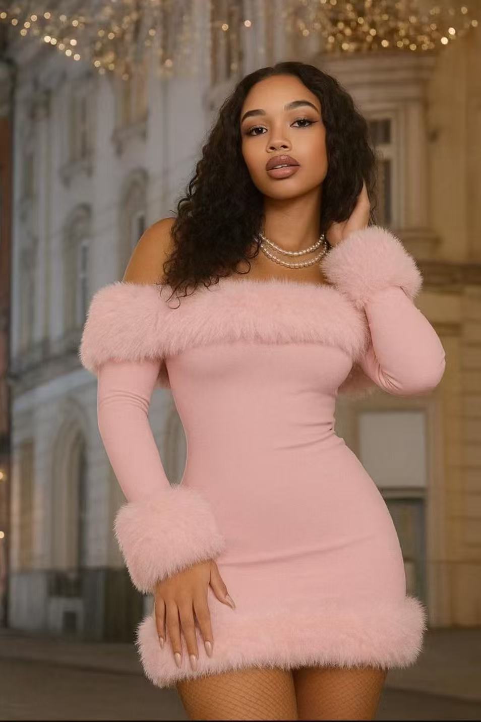 Women Dress Top high temperament plush long sleeve off-shoulder autumn and winter backless Sexy Slim solid color hot girl hip skirt