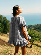 Womens Plaid Pajama Set with Ruffle Detail Dress