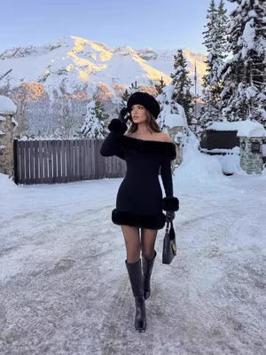 Women Dress Top high temperament plush long sleeve off-shoulder autumn and winter backless Sexy Slim solid color hot girl hip skirt